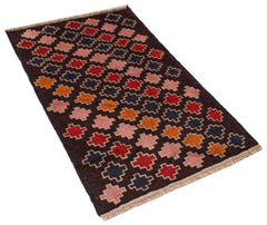 Handmade Afghan Pashm rug featuring a dark brown field with a repeating geometric cross pattern.