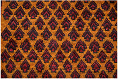 Handmade Afghan Pashm rug featuring a repeating dark red and brown floral pattern on an orange base.