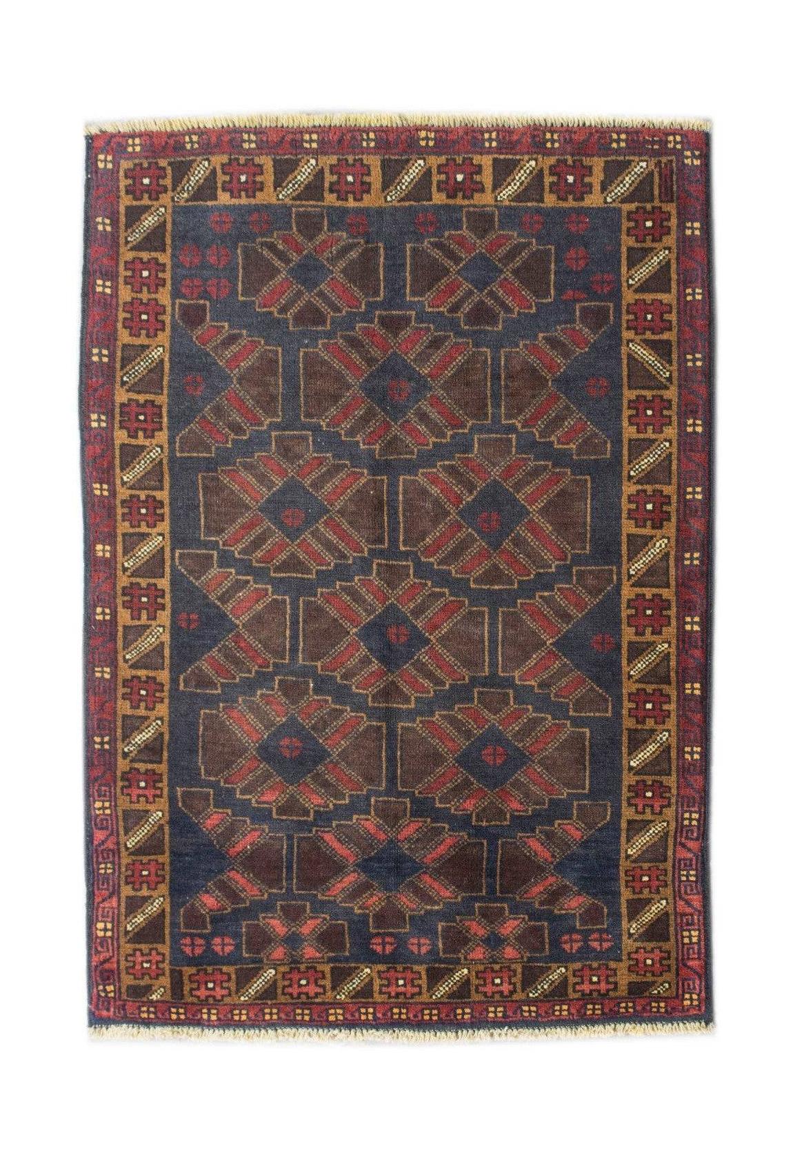 Handmade Afghan Pashm rug featuring geometric tribal patterns in dark red, brown, and blue tones.