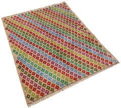 Handmade Afghan Pashm rug featuring a colorful geometric pattern on a natural wool background.