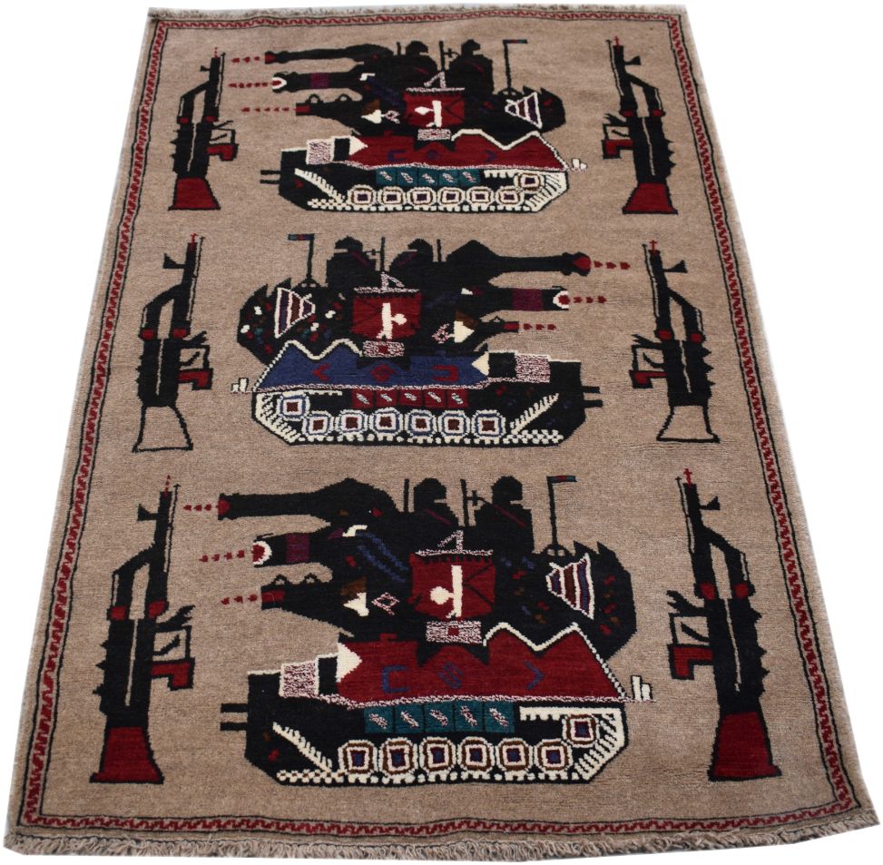 A handmade Afghan wool rug featuring a repeating pattern of tanks and rifles on a tan background.