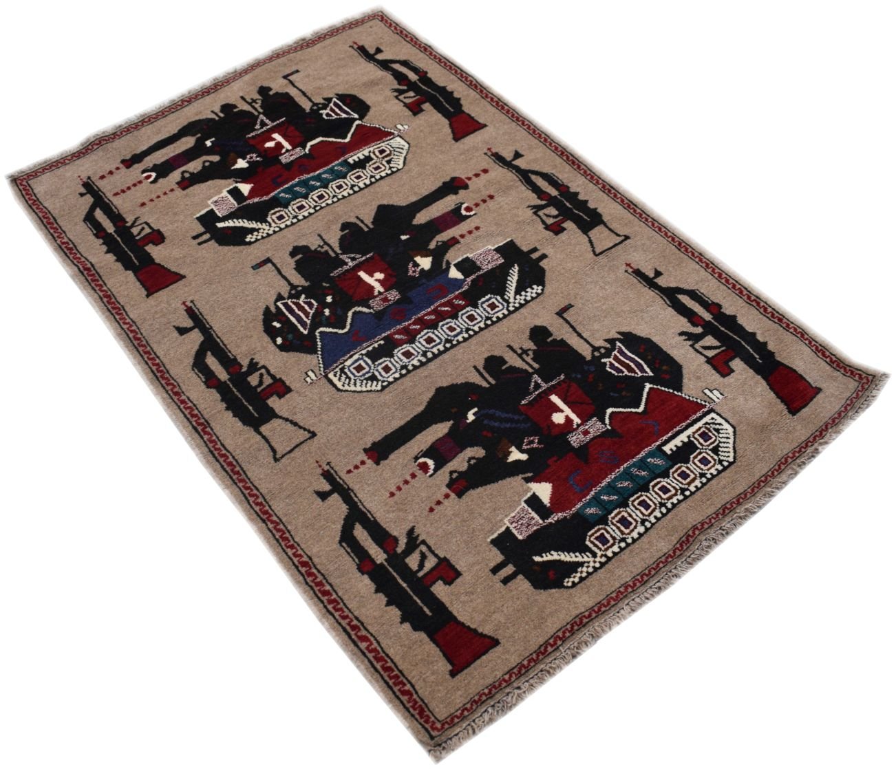 A handmade Afghan wool rug featuring a tan background with woven patterns of tanks and rifles.