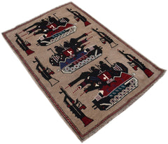 A handmade Afghan wool rug featuring a tan background with woven patterns of tanks and rifles.