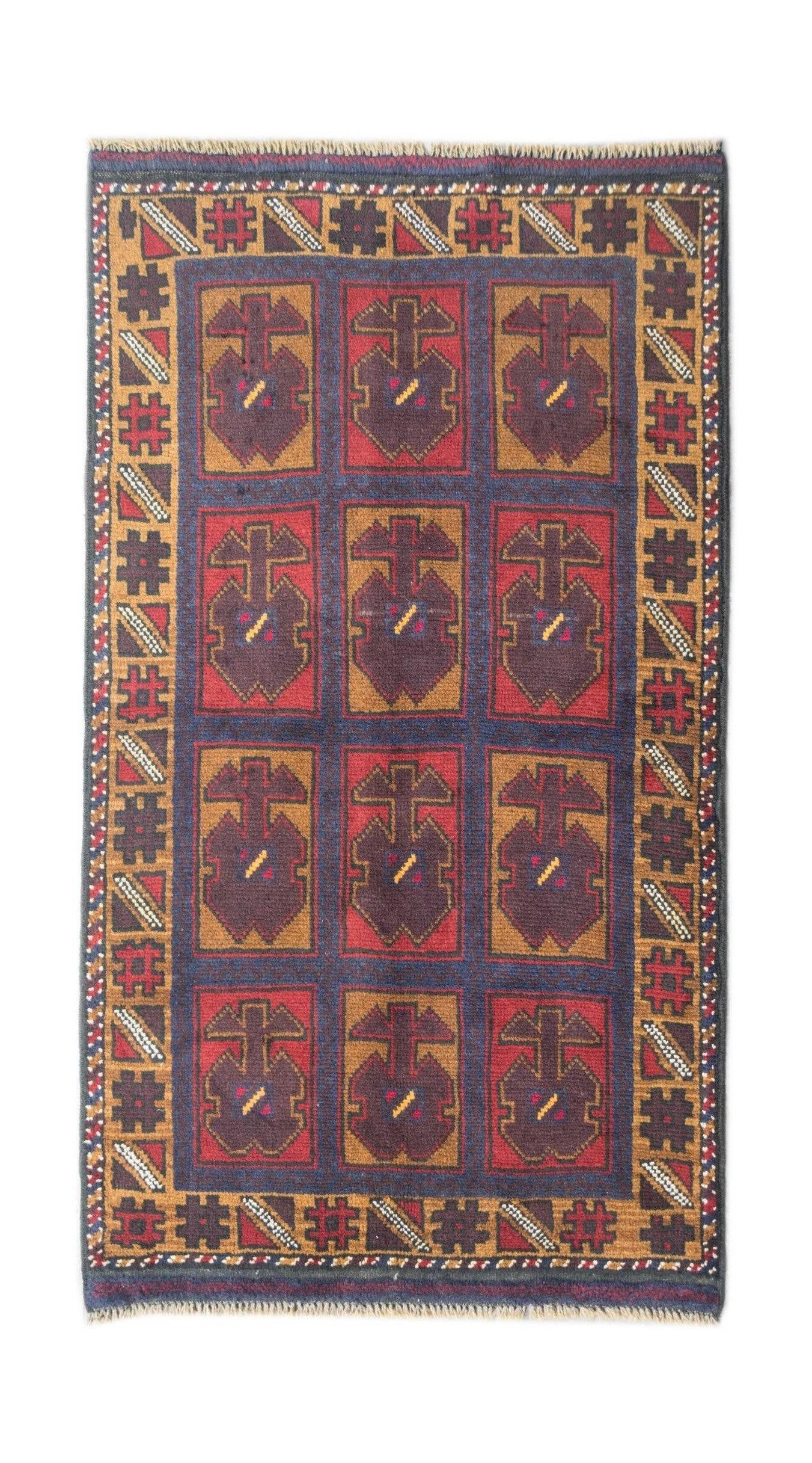 Handmade Afghan Pashm rug featuring a geometric grid pattern in deep red, brown, and blue tones.