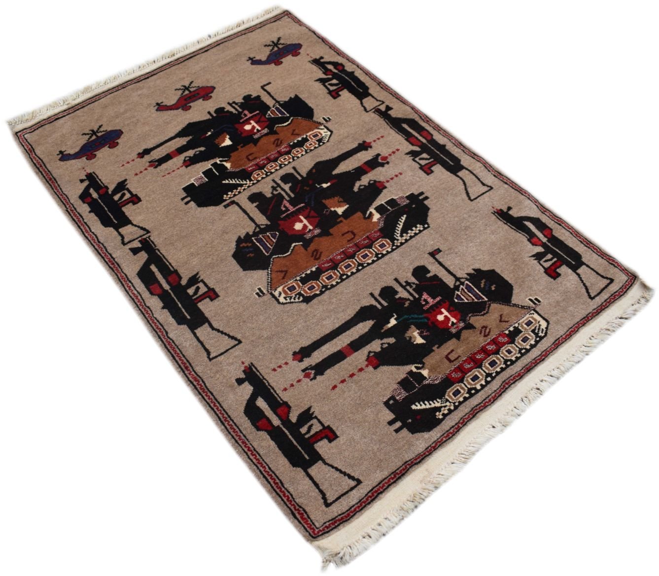 A handmade Afghan wool rug featuring a tan background with woven motifs of tanks, guns, and planes.