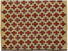 Handmade Afghan wool rug featuring a repeating pattern of red crosses on an ivory background.