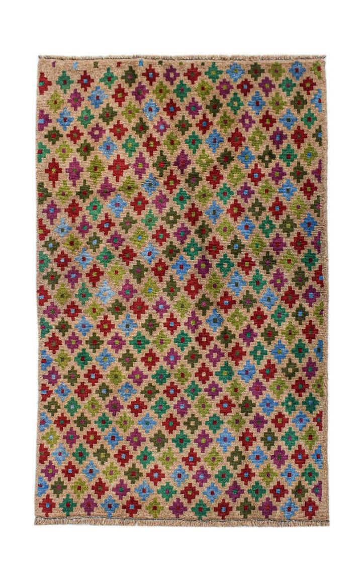 Handmade Afghan Pashm rug featuring a repeating geometric floral pattern in vibrant colors.