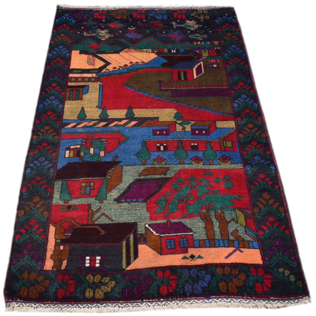 Handmade Afghan wool rug featuring a colorful landscape design with houses and helicopters.
