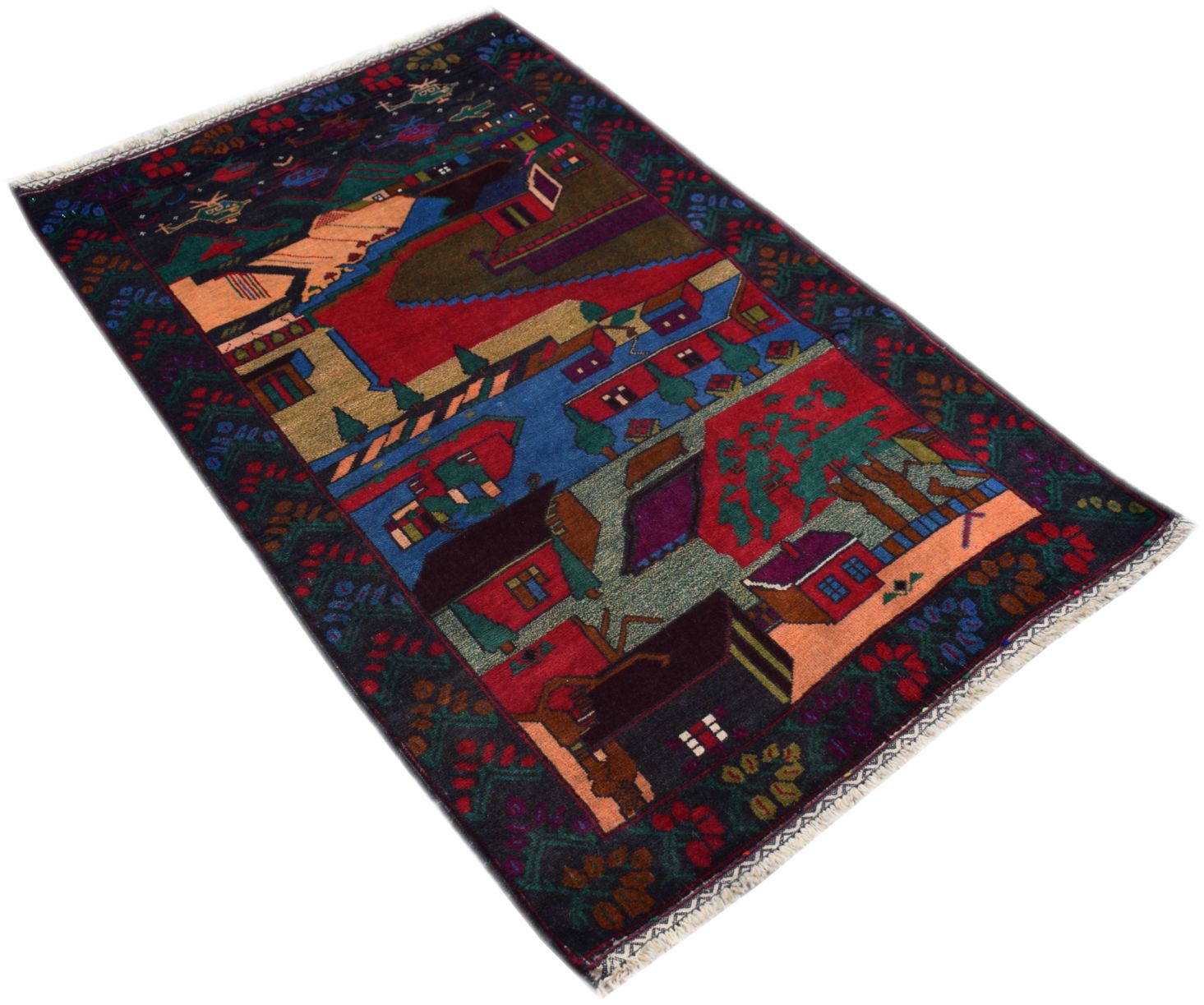A handmade Afghan wool rug featuring a colorful pictorial landscape with houses and helicopters.