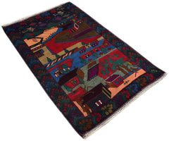 A handmade Afghan wool rug featuring a colorful pictorial landscape with houses and helicopters.