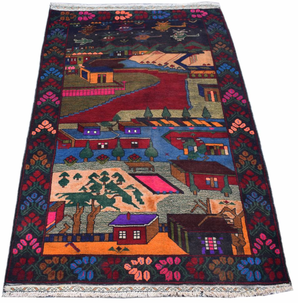A handmade Afghan wool rug featuring a colorful landscape design with houses and helicopters.