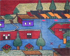 Handmade Afghan wool rug featuring a colorful, stylized landscape with houses and trees.
