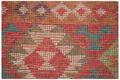 Handmade Afghan Pashm rug featuring a tribal geometric pattern in red, brown, blue, and ivory.