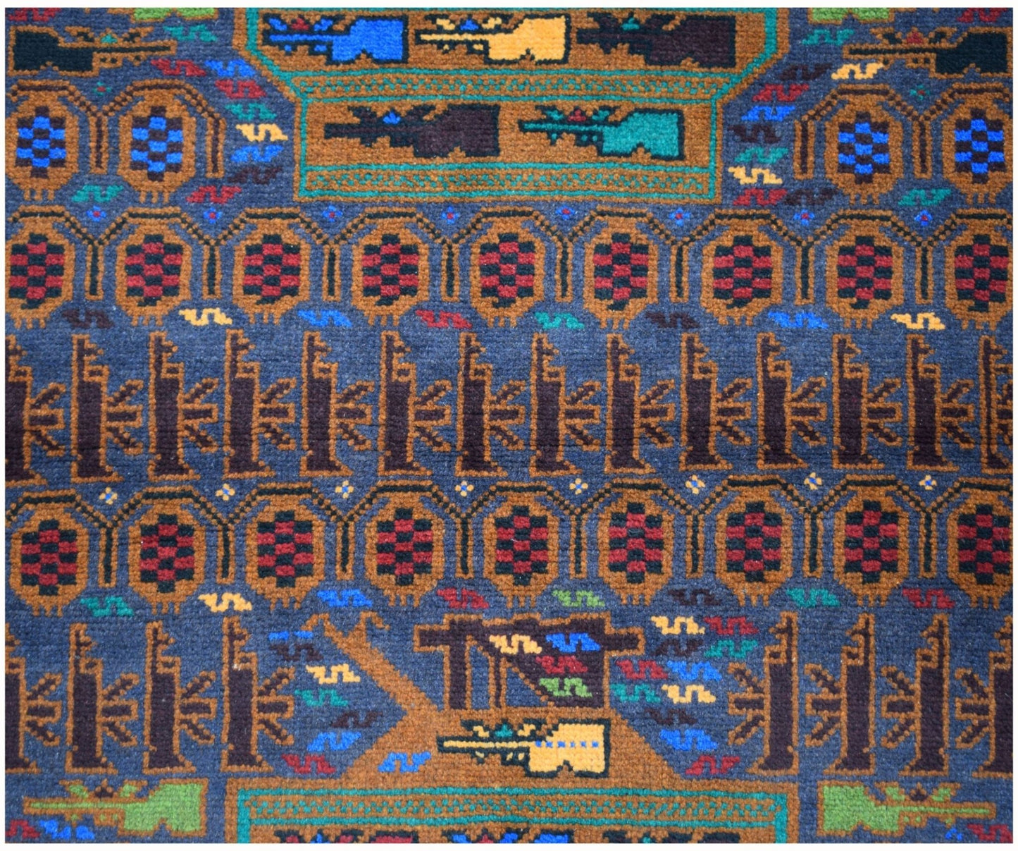 Handmade Afghan wool rug featuring traditional geometric patterns and war-themed motifs.