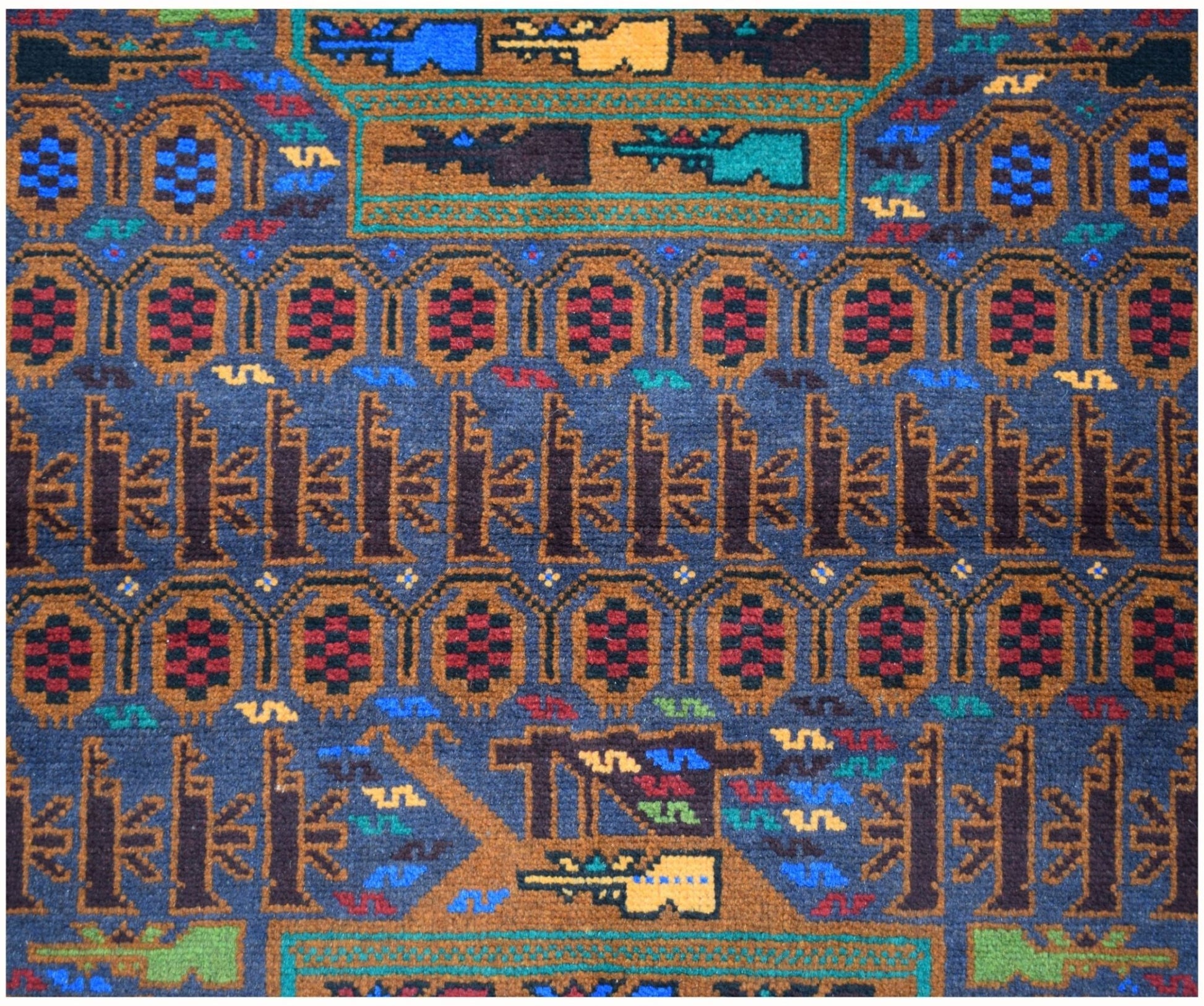 Handmade Afghan wool rug featuring traditional geometric patterns and war-themed motifs.