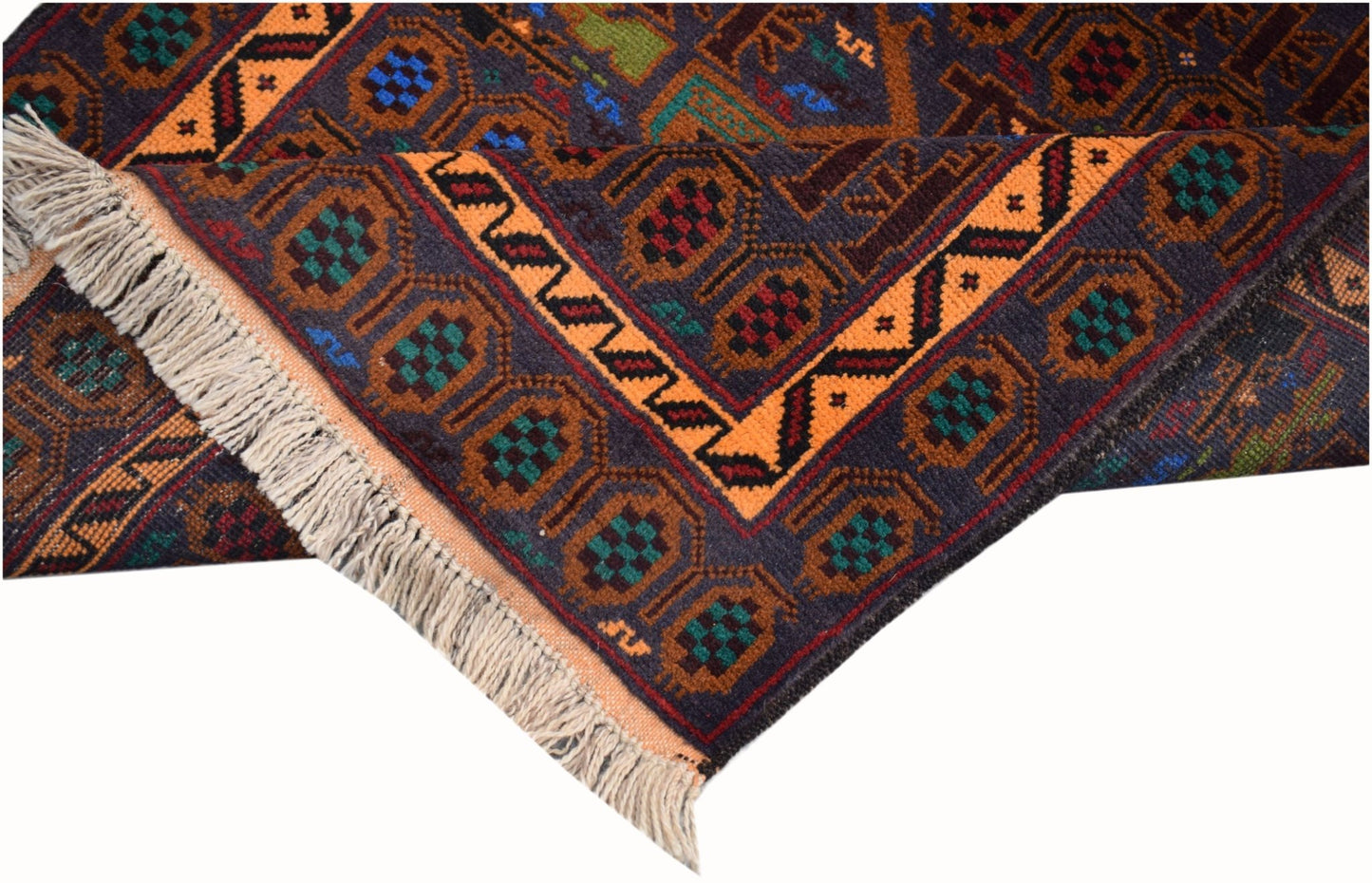 A handmade Afghan wool rug featuring geometric patterns in dark blue, orange, and green.