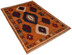 Handmade Afghan Pashm rug featuring tribal geometric patterns in shades of orange, blue, and ivory.