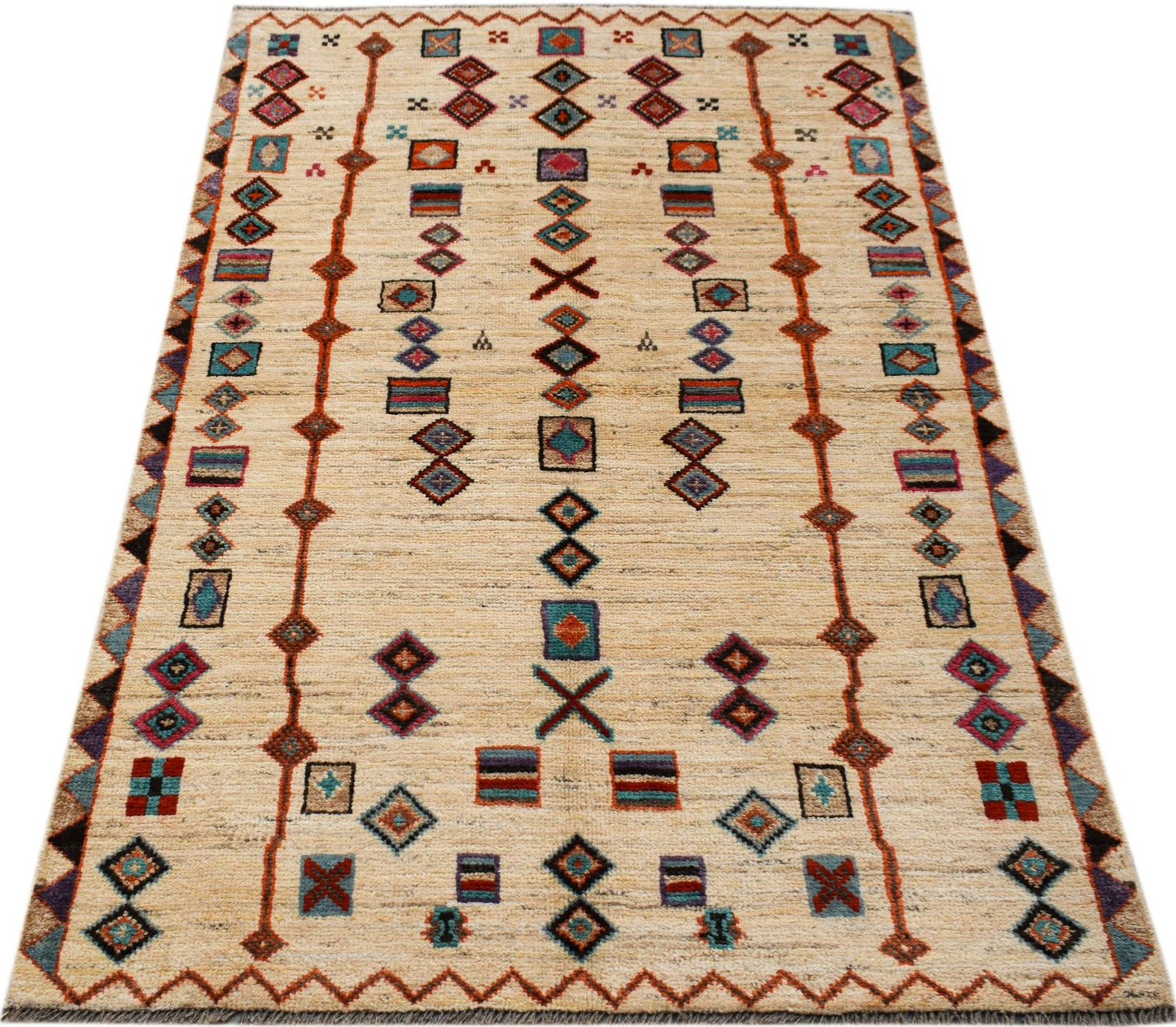 Hand-knotted Afghan wool rug featuring a cream field with colorful geometric tribal patterns.