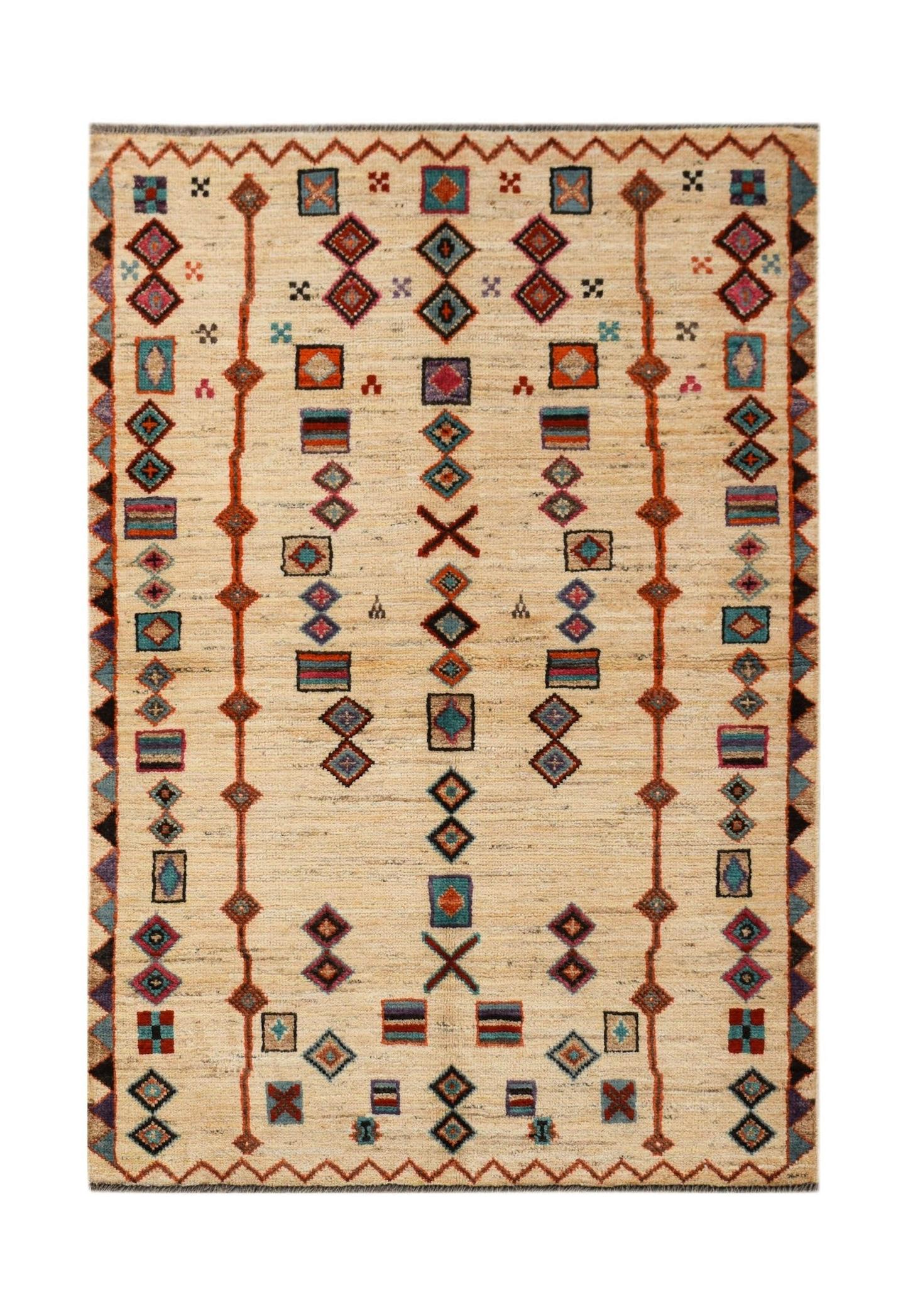 Hand-knotted Afghan wool rug featuring a beige field with colorful geometric tribal patterns.