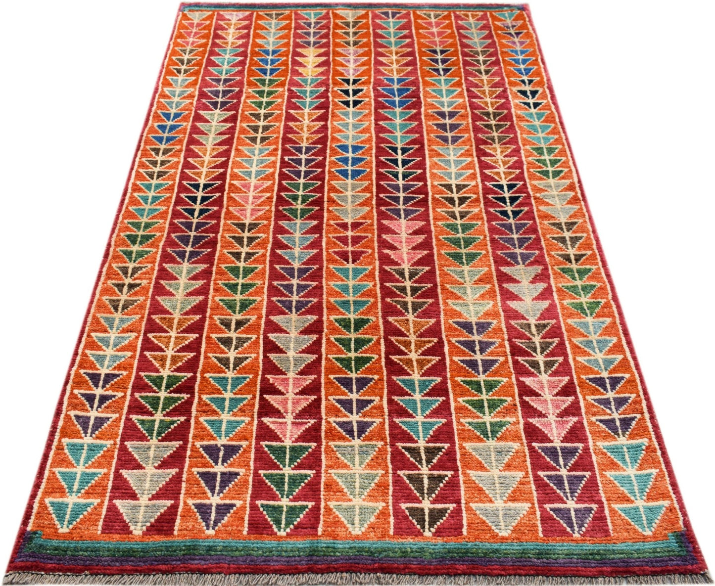 Hand-knotted Afghan wool rug featuring a vibrant geometric pattern of colorful triangles.