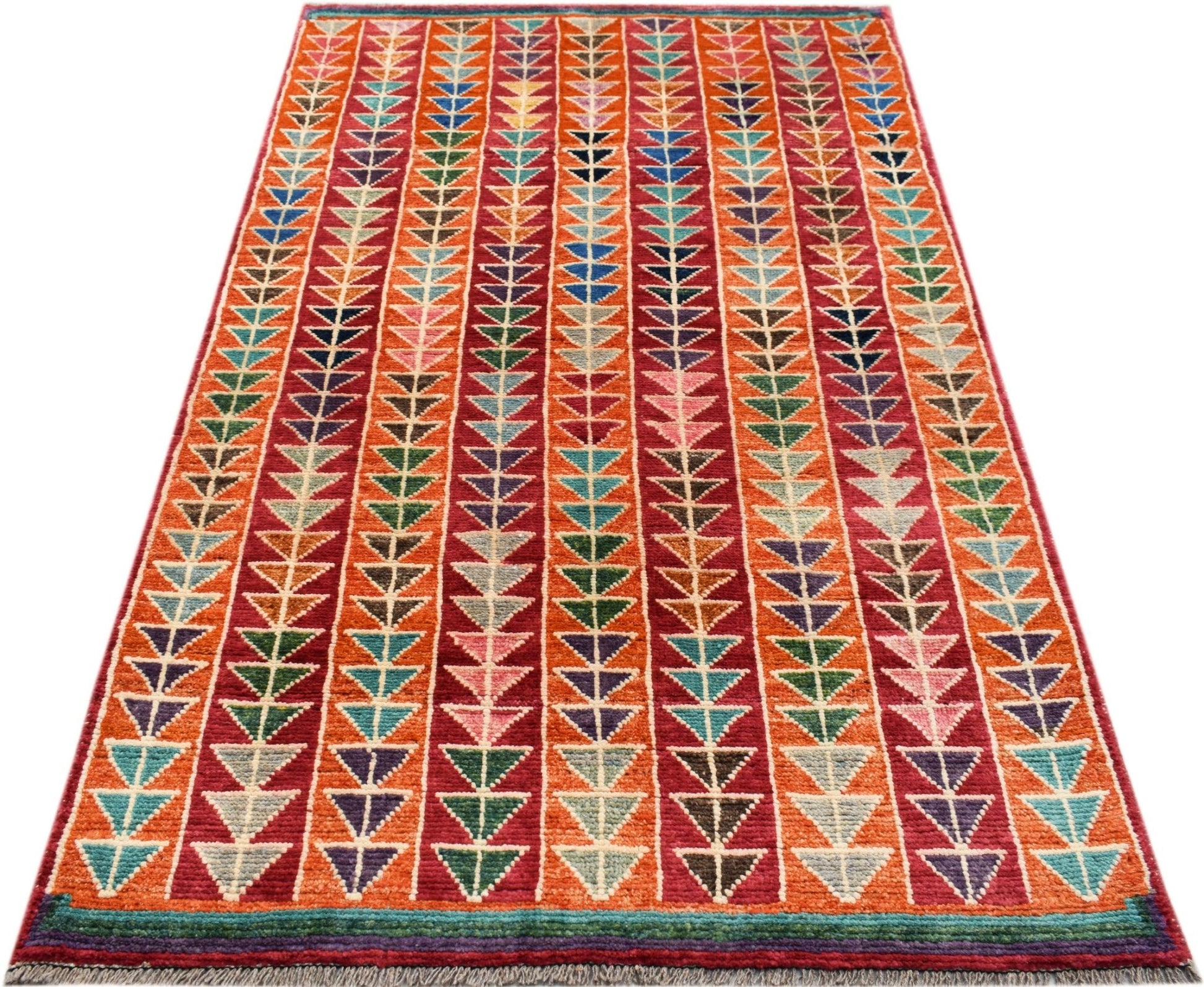 Hand-knotted Afghan wool rug featuring a vibrant geometric pattern of colorful triangles.