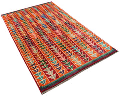 Hand-knotted Afghan wool rug featuring a vibrant geometric pattern of colorful triangles.