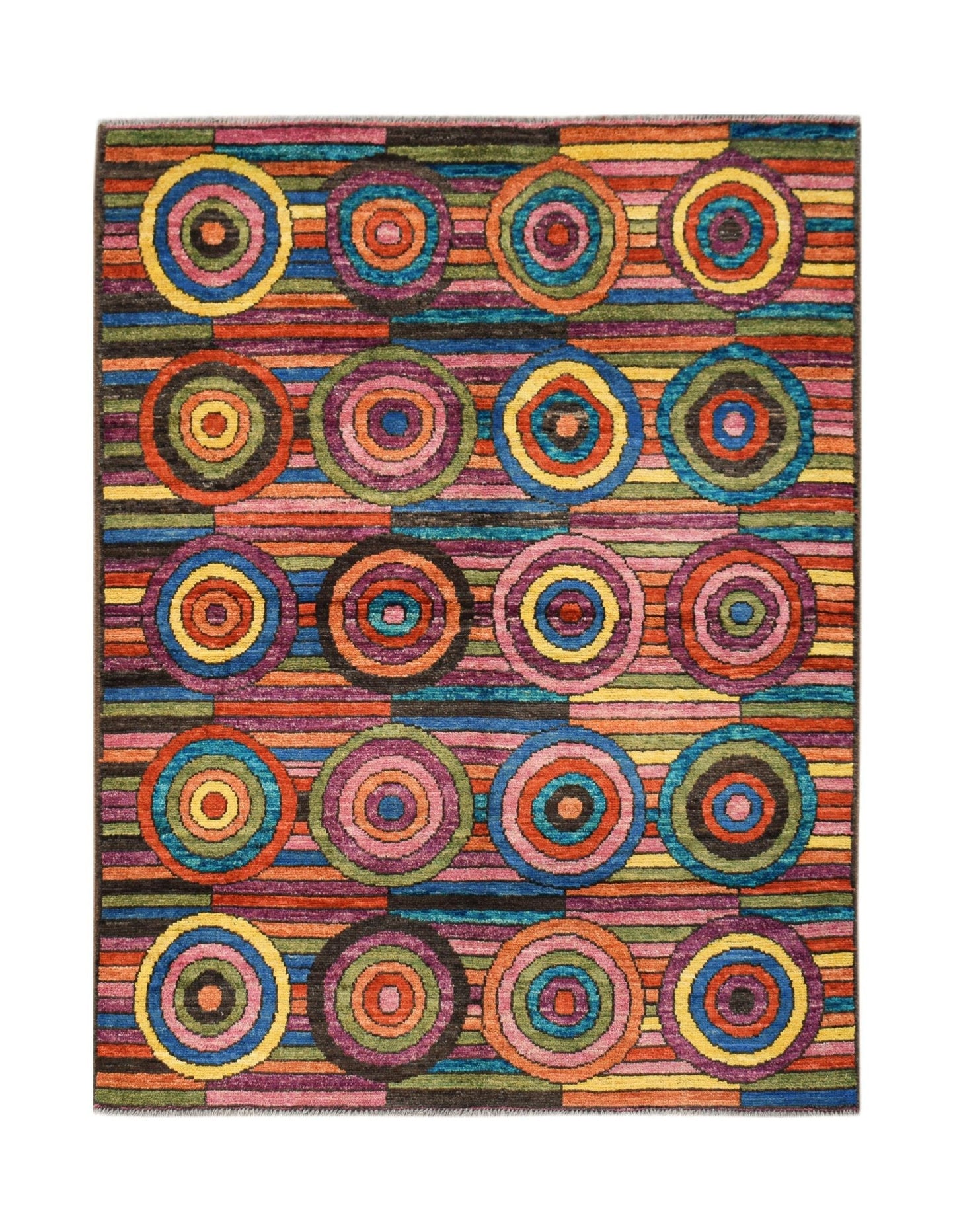 A hand-knotted Afghan wool rug featuring a vibrant pattern of colorful concentric circles.