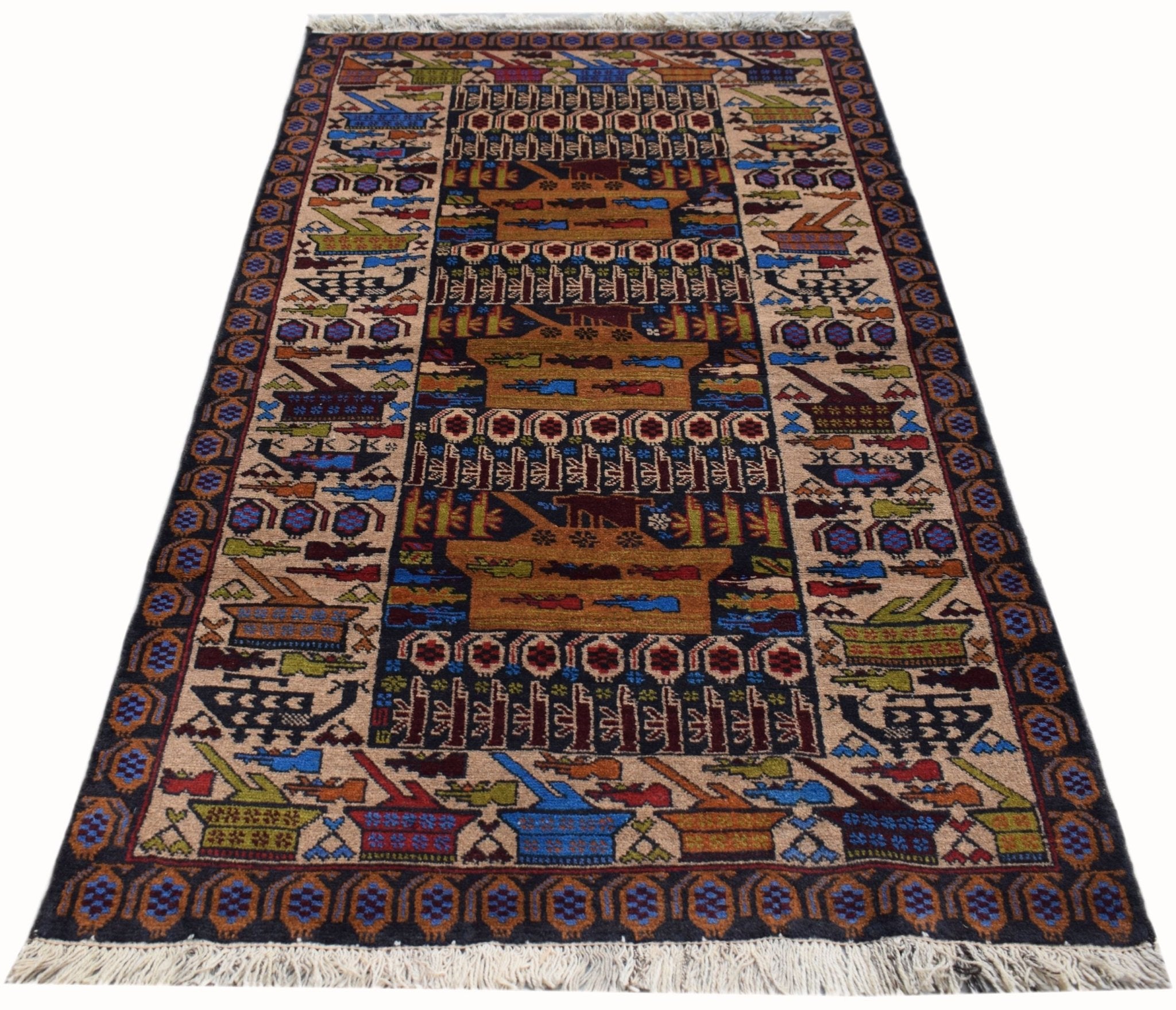 Handmade Afghan wool rug featuring a war-themed design with tanks and military motifs.