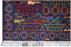 A handmade Afghan wool rug featuring traditional geometric patterns and stylized war motifs.