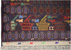 Handmade Afghan wool rug featuring traditional geometric patterns and stylized war motifs.