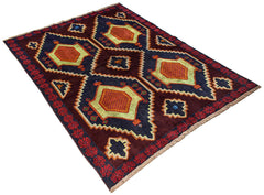 Handmade Afghan Pashm rug featuring a geometric pattern in dark red, blue, and yellow tones.