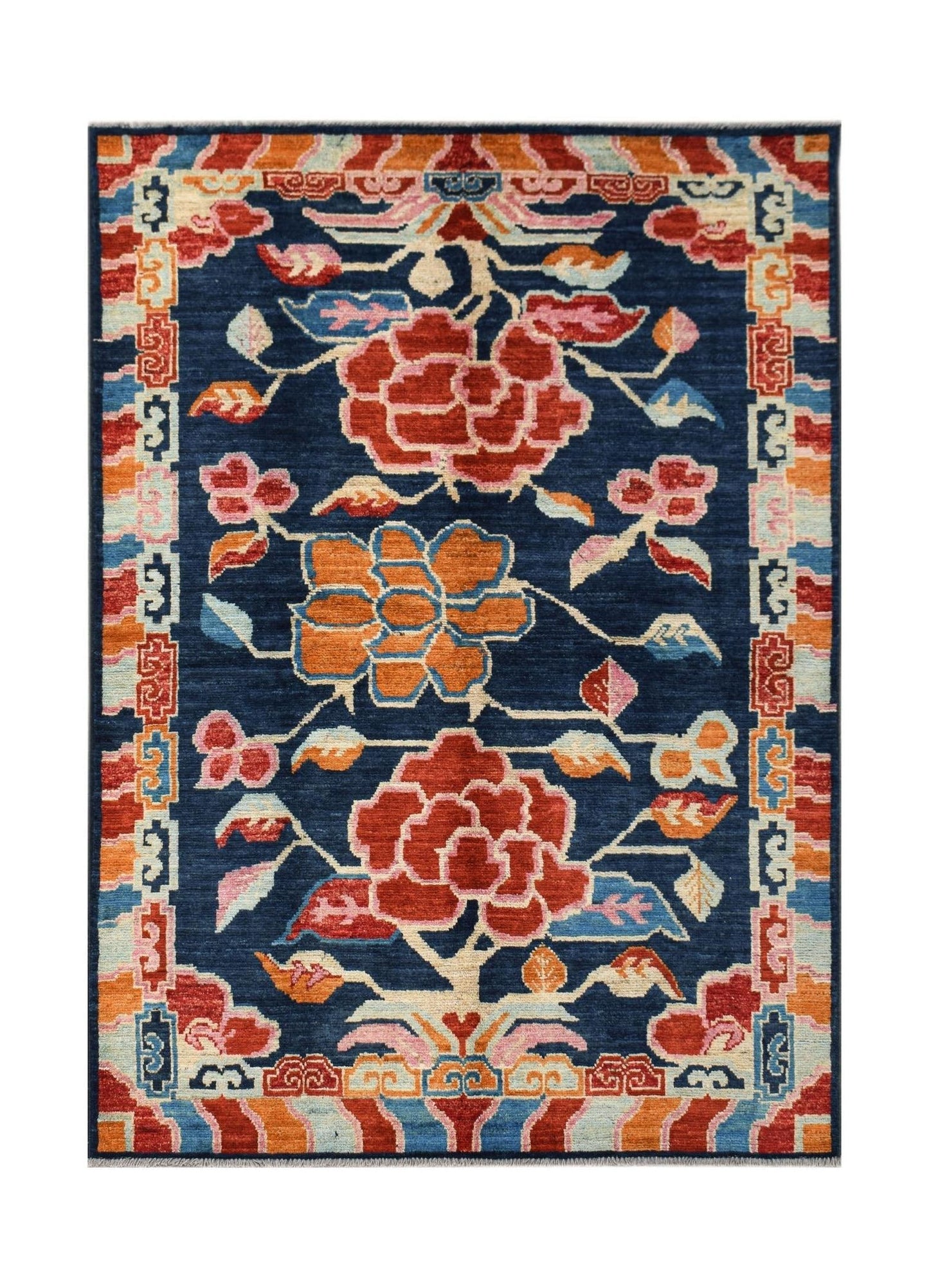 Hand-knotted Afghan wool rug featuring a dark blue field with floral motifs and geometric borders.
