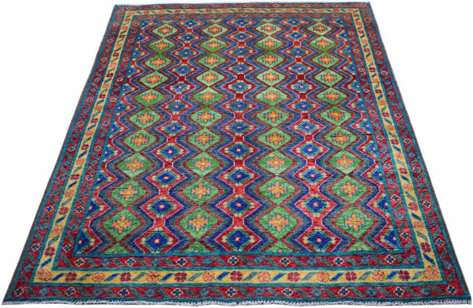 A handmade Afghan wool rug featuring a vibrant geometric diamond pattern in green, blue, and red.