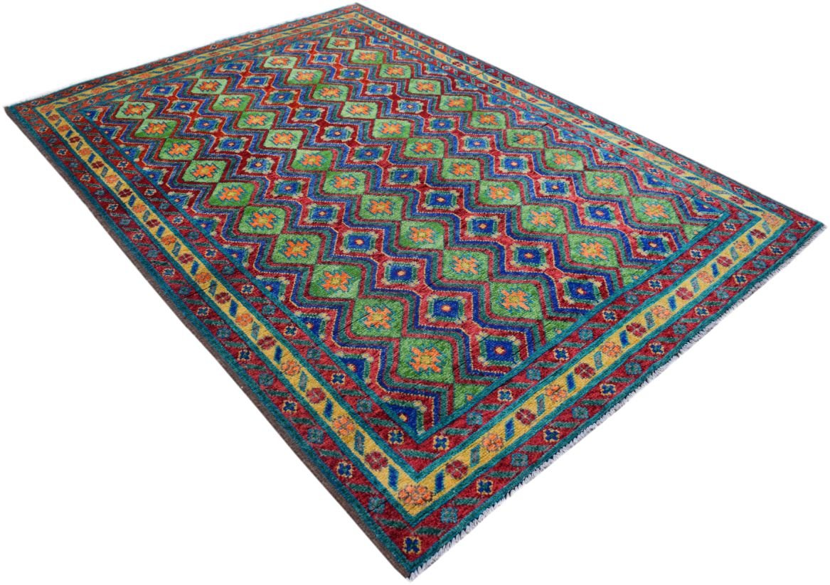 Handmade Afghan wool rug featuring a vibrant geometric diamond pattern in red, green, and blue.