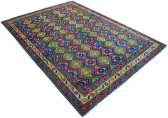Handmade Afghan wool rug featuring a vibrant geometric diamond pattern in red, green, and blue.