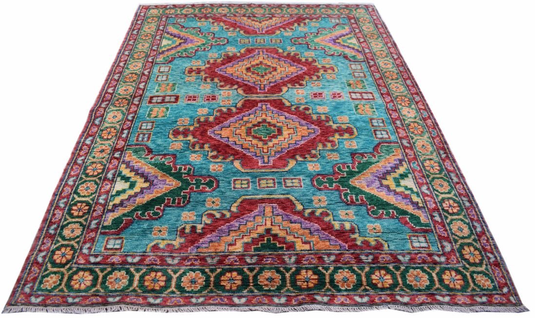 Handmade Afghan wool rug featuring a vibrant turquoise field with traditional geometric patterns.