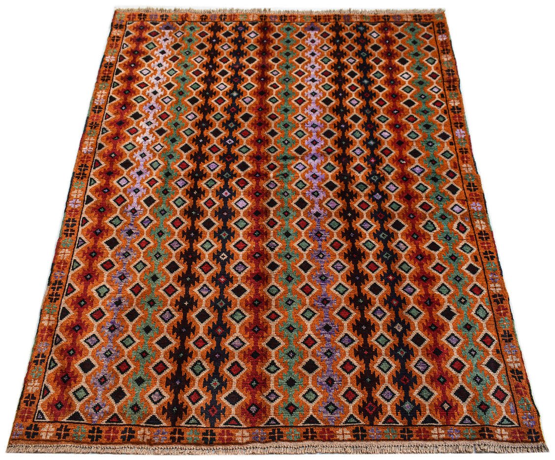 Handmade Afghan Pashm rug featuring a geometric diamond pattern in warm earth tones.