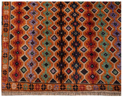 Handmade Afghan Pashm rug featuring a geometric diamond pattern in orange, red, blue, and green.