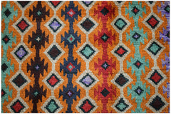 Handmade Afghan Pashm rug featuring a geometric diamond pattern in vibrant red, blue, and orange.