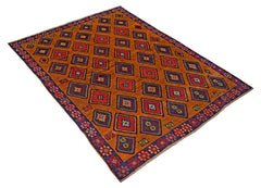 Handmade Afghan Pashm rug featuring a geometric diamond pattern in shades of orange, red, and blue.