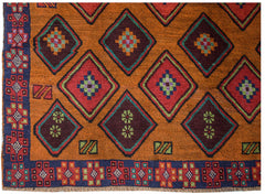 Handmade Afghan Pashm rug featuring a geometric diamond pattern in red, brown, and blue wool.