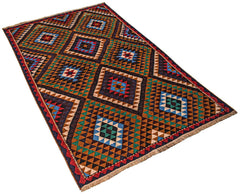 Handmade Afghan Pashm rug featuring a geometric diamond pattern in dark red, brown, and blue tones.