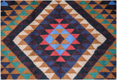 Handmade Afghan Pashm rug featuring a geometric diamond pattern in shades of red, blue, and brown.