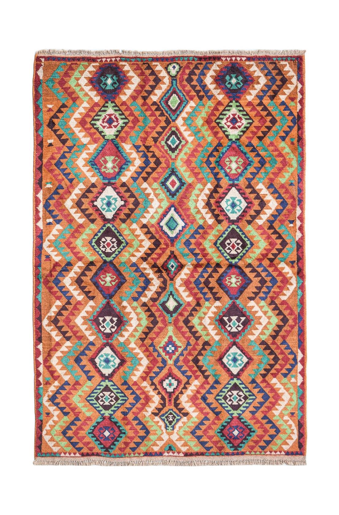 Handmade Afghan Pashm rug featuring a vibrant geometric diamond pattern in red, blue, and green.