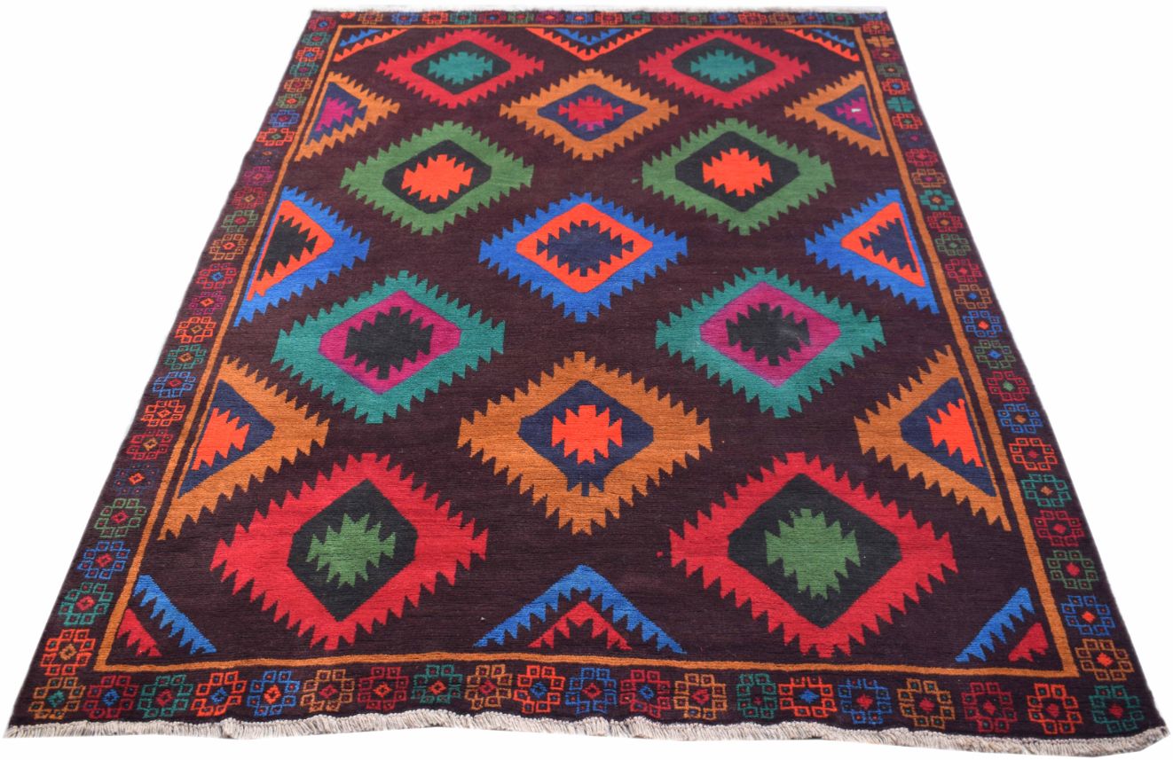 Handmade Afghan wool rug featuring a dark brown background with colorful geometric diamond motifs.