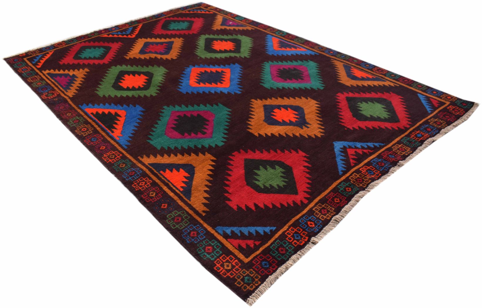 A handmade Afghan wool rug featuring a dark brown background with colorful geometric diamond motifs.