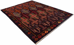 Handmade Afghan Pashm rug featuring a dark field with geometric tribal patterns in wool.