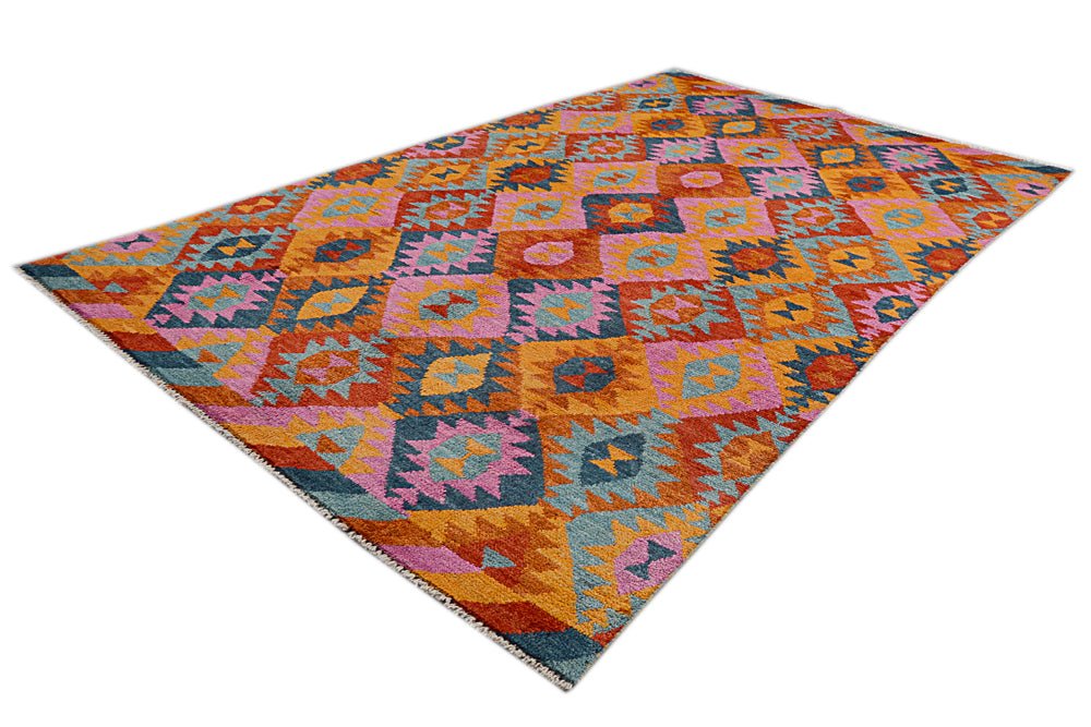 Handmade Afghan Pashm rug featuring a vibrant geometric diamond pattern in wool.
