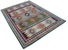 A handmade Afghan wool rug featuring colorful horizontal bands with intricate tribal patterns.