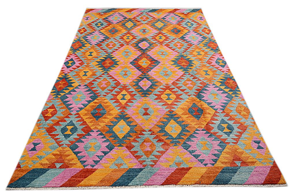 Handmade Afghan Pashm rug featuring a colorful geometric diamond pattern in wool.